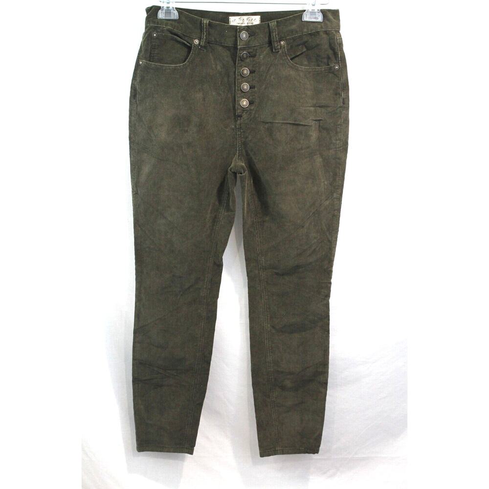 Free People Corduroy Skinny Fit High Rise Pants Size 28 Green Stretch Button Fly